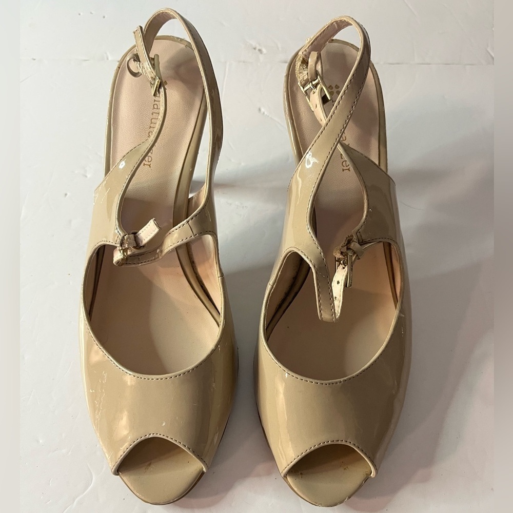 Naturalizer Beige Patent Leather Slingback Peep Toe Heels | Approx. Size 9-9.5